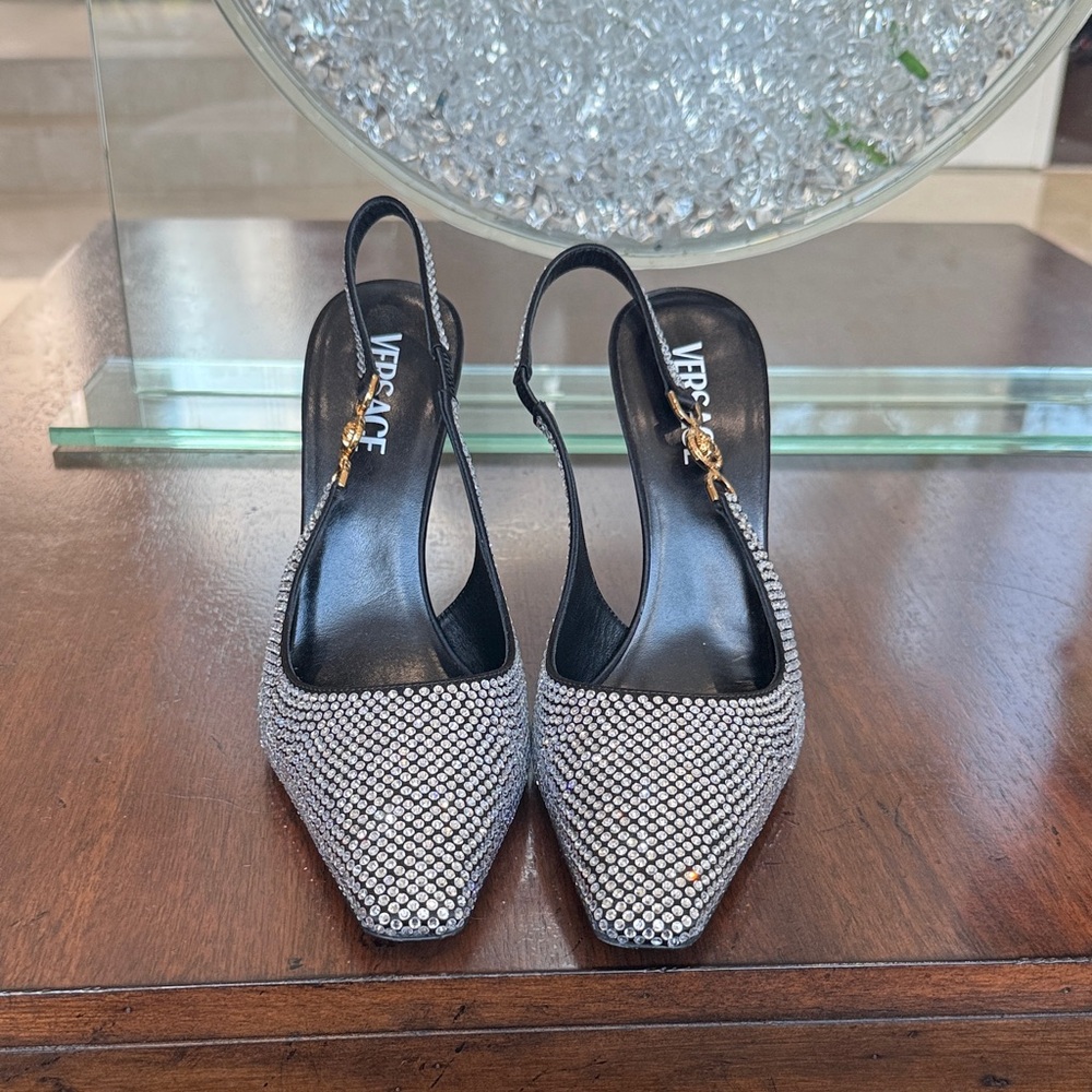 Versace Silver Crystal Embellished slingback heels size 40.5